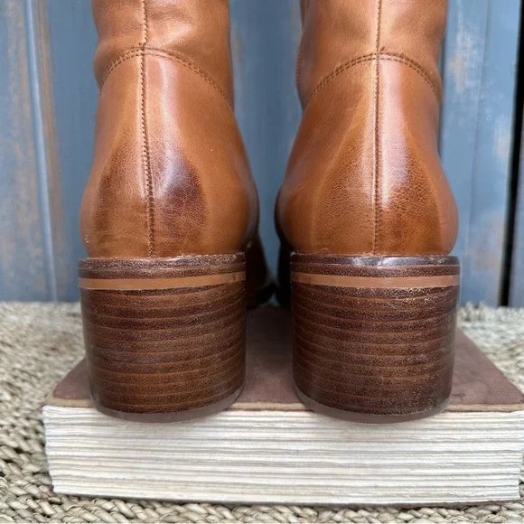 J. Crew Knee High Stacked-Heel Leather Boots Burnished Sand Sz 10.5 - Picture 7 of 16